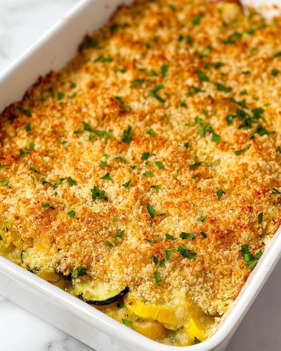 This image shows a baked dish in a white rectangular casserole dish. The top layer is golden-brown breadcrumbs with a coarse, crispy texture, sprinkled with small bright green pieces of parsley, giving a fresh touch. Below the breadcrumb crust, there is a partially visible layer of yellow and light green vegetables, likely squash or zucchini, thinly sliced and soft from baking. The dish is placed on a white marbled surface. The overall look is warm and inviting, emphasizing the crunchy topping and colorful vegetable layer beneath. photo taken with an iphone --ar 4:5 --v 7