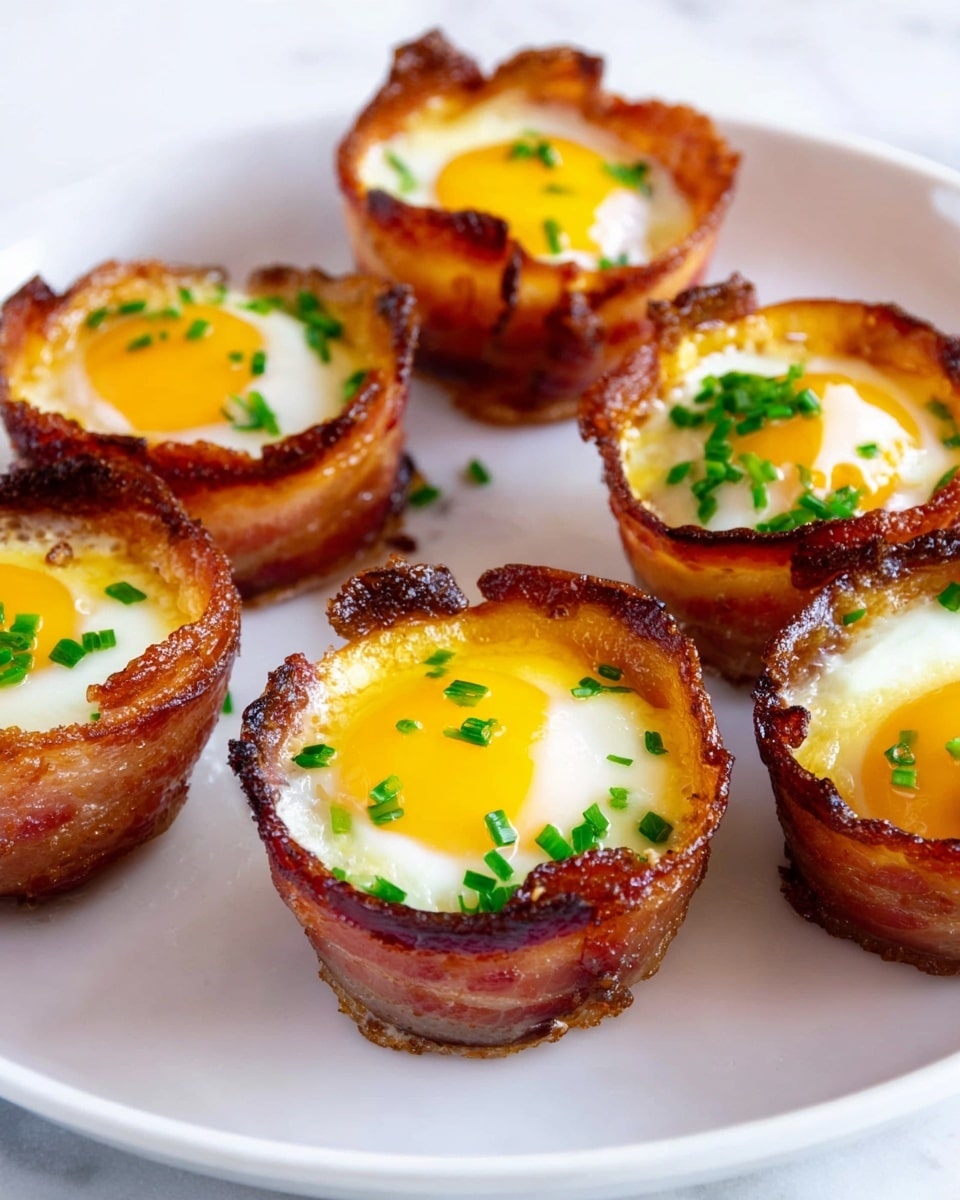 The image shows six small egg cups made of crispy, browned bacon arranged on a white plate on a white marbled surface. Each bacon cup forms the outer layer, wrapped tightly to create a round shell. Inside each cup, there is a cooked egg with a bright yellow yolk and opaque white, topped with melted yellow cheese. Small pieces of chopped green chives are sprinkled on top of each egg, adding a touch of green color. The bacon edges are golden and slightly curled, showing a crunchy texture photo taken with an iphone --ar 4:5 --v 7