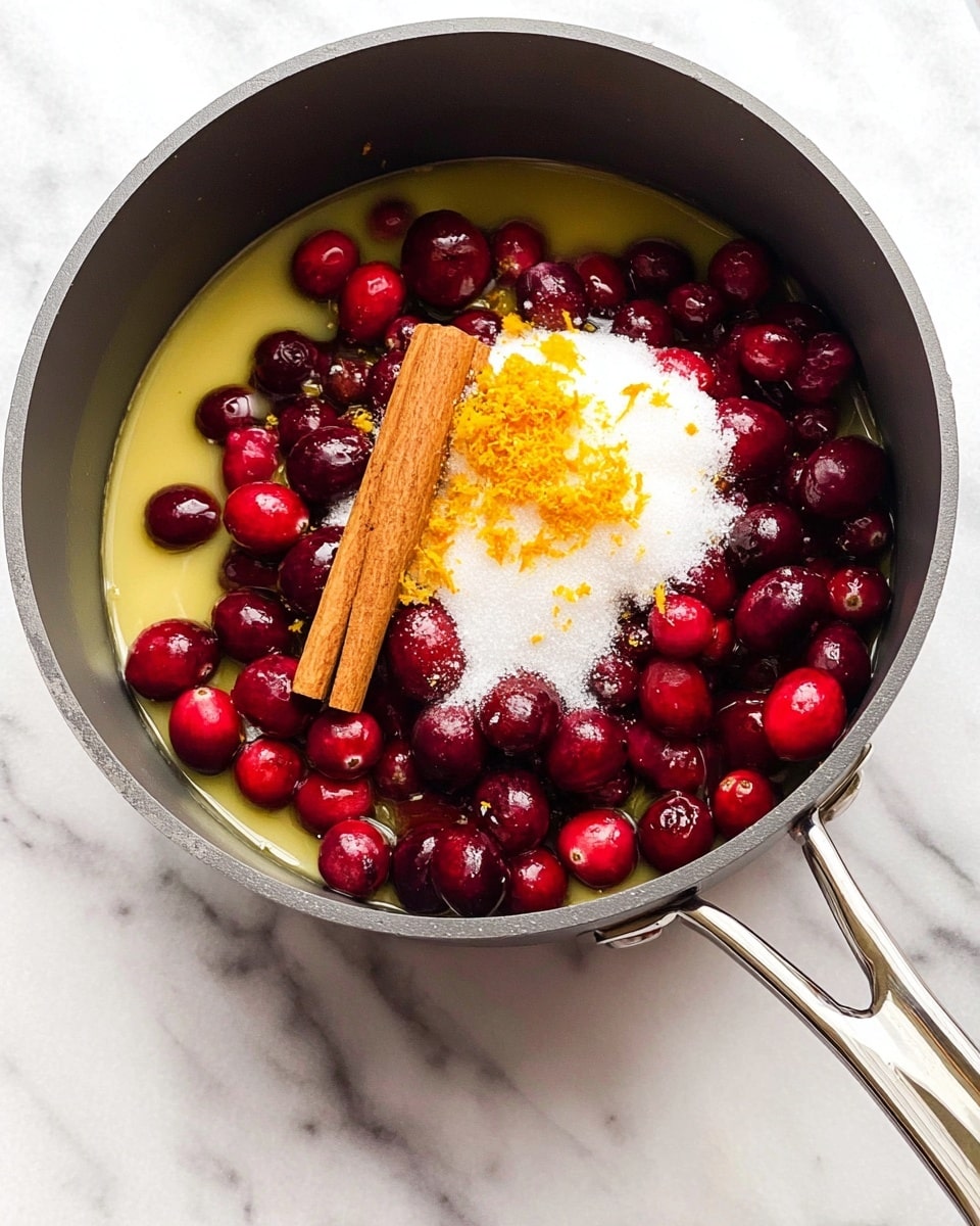 A gray cooking pot sits on a white marbled texture, filled with layers of ingredients. The bottom layer is a light yellow liquid, partially covering many whole, shiny dark red cranberries arranged unevenly. On top at the center, there is a mound of white granulated sugar with small bits of bright orange zest scattered across it. Sitting diagonally on the sugar mound, a single brown cinnamon stick rests above a small pile of finely grated orange zest. The pot handle extends toward the bottom right, made of shiny silver metal reflecting light. photo taken with an iphone --ar 4:5 --v 7