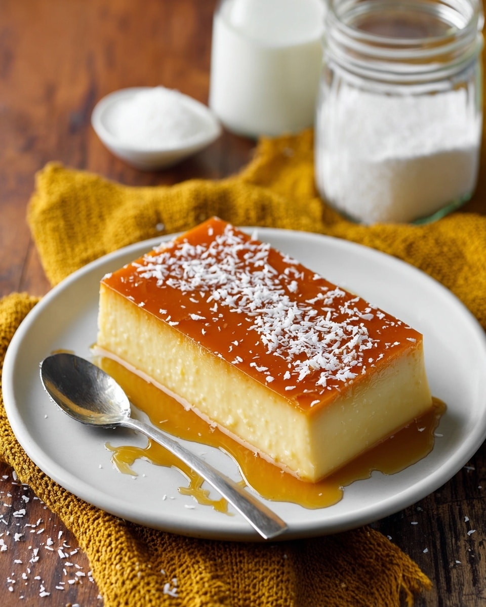 The image shows a rectangular layered dessert on a white plate on a white marbled texture surface. The dessert has three layers: the top layer is smooth and shiny caramel brown with small white coconut flakes sprinkled on it, the middle layer is thick and creamy pale yellow, and the bottom layer is a crumbly white base with more coconut flakes. A slice is cut from the dessert, showing the clean division of the layers. Next to the dessert is a silver knife with a vintage handle resting on the plate. Photo taken with an iphone --ar 4:5 --v 7