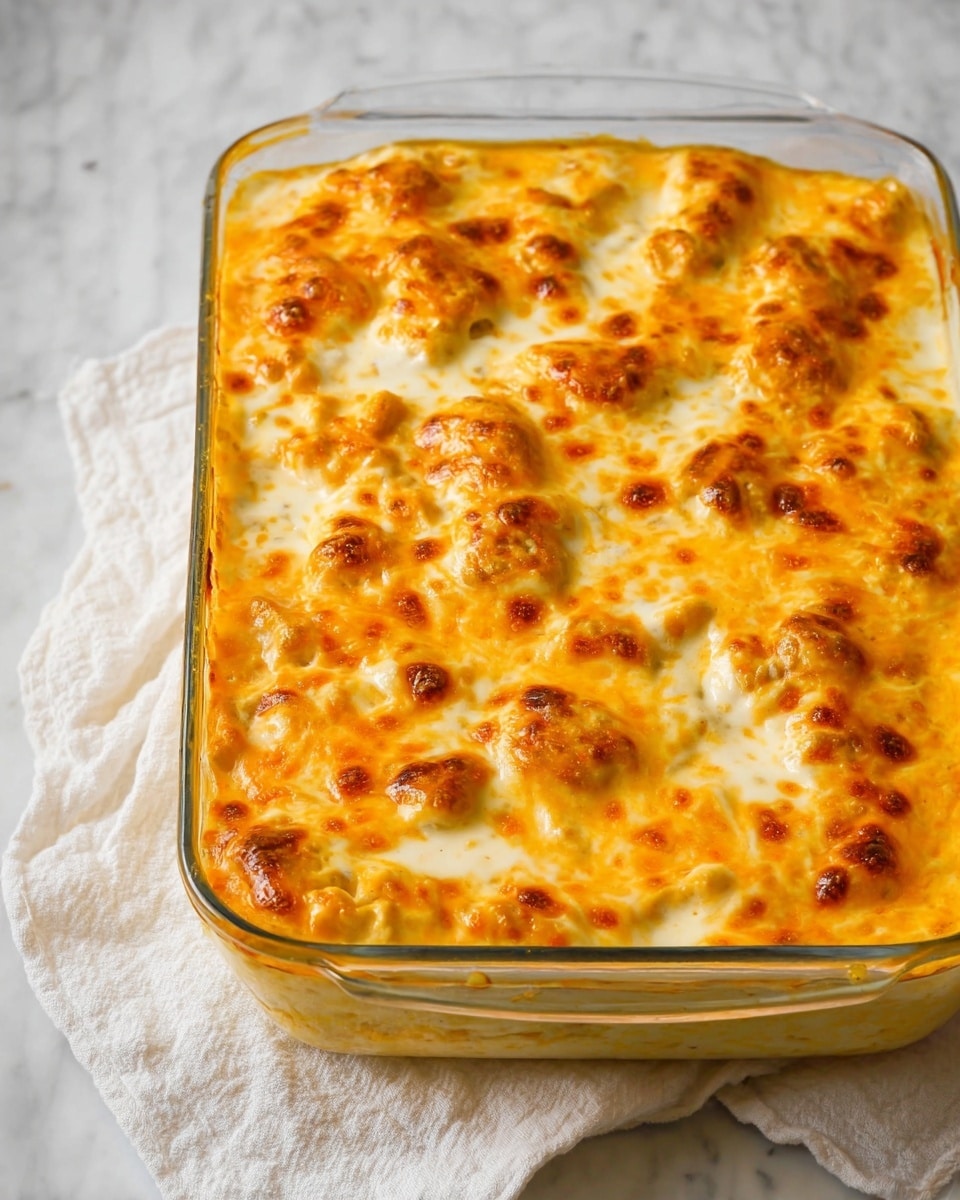 A close-up view of creamy macaroni and cheese with browned meatballs on a white plate on a white marbled surface. The dish has two main layers: the bottom layer is soft, creamy macaroni pasta covered with melted cheese sauce in pale yellow-orange, and the top layer shows golden-brown meatballs coated in gooey cheese. Cheese is melting and stretching from the fork holding a meatball and some pasta, emphasizing the creamy texture. The background shows a glass baking dish filled with the same cheesy macaroni and meatball mix, slightly out of focus. photo taken with an iphone --ar 4:5 --v 7