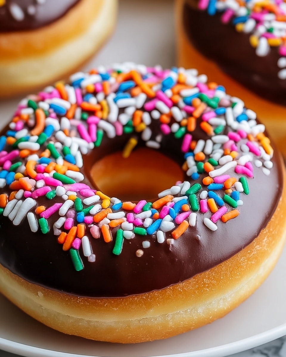 A close-up view of a single doughnut with a golden-brown soft dough base, topped with a smooth, glossy dark chocolate glaze that covers the upper half of the doughnut. On top of the chocolate layer, there is a thick scattering of colorful sprinkles in bright pink, orange, white, green, blue, yellow, and red. The doughnut has a classic round shape with a hole in the center, and it rests on a white plate placed on a white marbled surface. Photo taken with an iphone --ar 4:5 --v 7