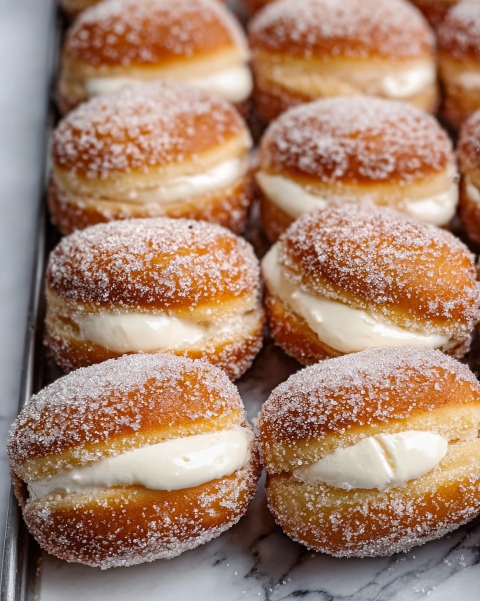 The image shows a close-up of a tray filled with sugar-coated round doughnuts, each with a golden-brown crust and a slightly rough texture due to the granulated sugar covering. Each doughnut is split in the middle horizontally and filled with a smooth, creamy white filling that is slightly oozing out from the center. The doughnuts are arranged in neat rows, with the white filling visible on the upper side, contrasting with the warm tones of the doughnuts and the sparkling sugar crystals on their surface. The tray is placed on a white marbled surface. Photo taken with an iphone --ar 4:5 --v 7