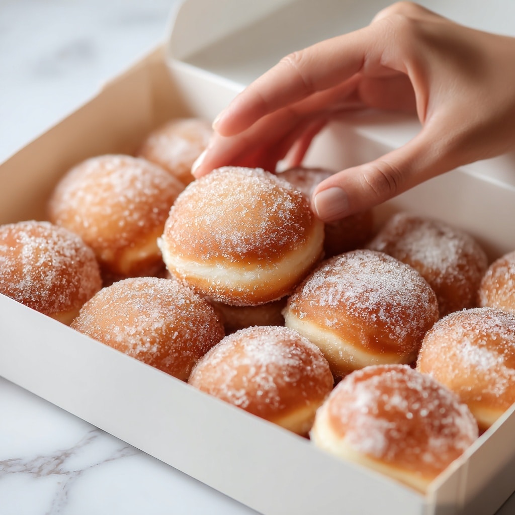 A white rectangular tray holds two neat rows of small round doughnuts with a golden-brown fried texture. Each doughnut is coated with granulated sugar giving a slightly rough and sparkling surface. They feature two creamy fillings on top, one bright yellow with a smooth, shiny texture, and the other white with a soft, glossy look. The tray is placed on a white marbled surface with a fresh green pineapple leaf decoration resting in the background. Photo taken with an iphone --ar 4:5 --v 7