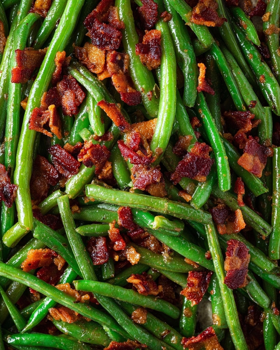 The image shows a close-up of cooked green beans mixed with small, crispy pieces of bacon. The green beans are bright green, long and smooth, with a shiny, slightly oily texture. The bacon pieces are scattered on top and throughout, showing deep reddish-brown colors with a crisp, rough texture. The background is a white marbled texture that adds contrast to the vibrant colors of the beans and bacon. Photo taken with an iphone --ar 4:5 --v 7