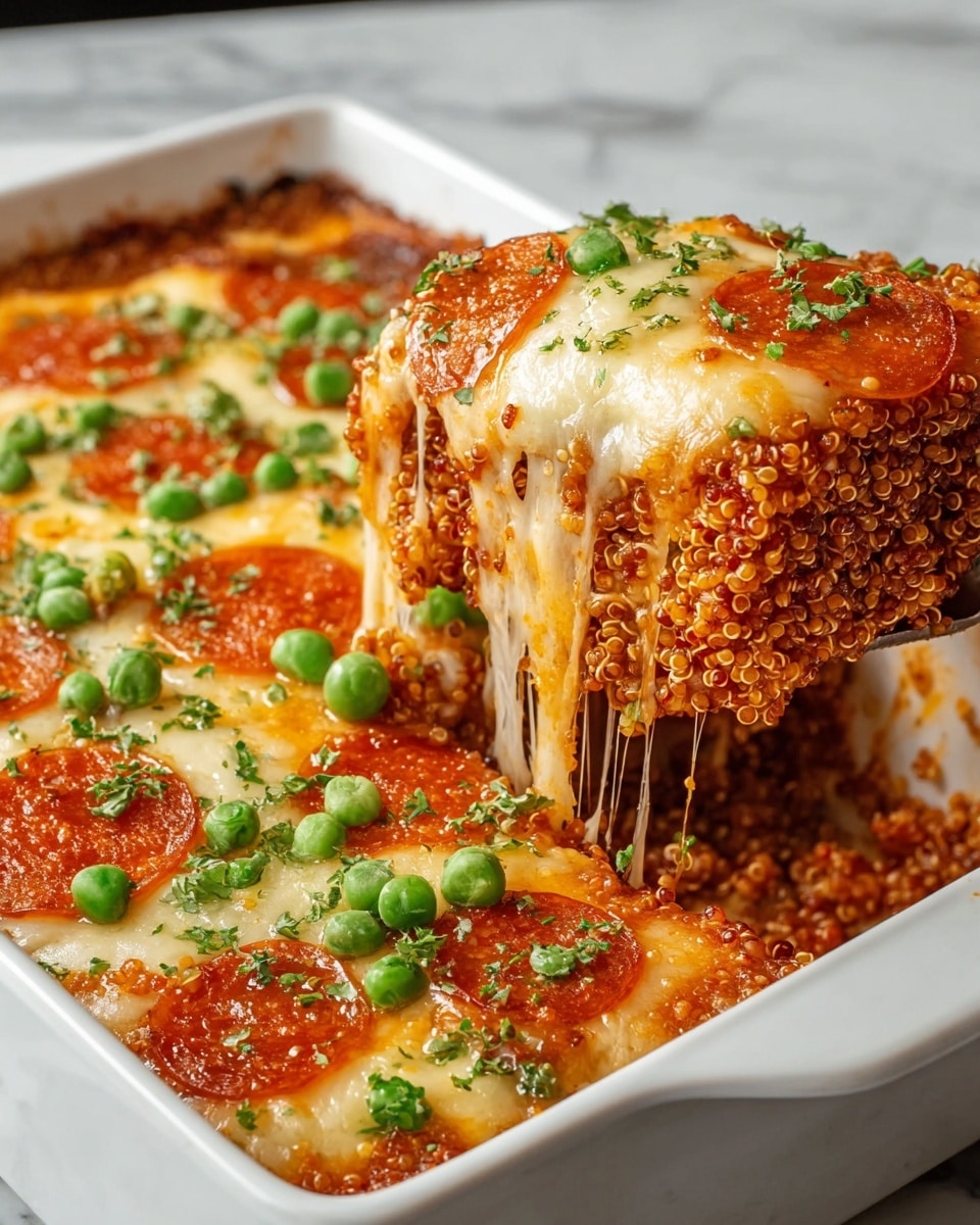 A white rectangular dish filled with a three-layer quinoa casserole. The bottom layer is a dense, reddish quinoa mixture visible from the empty spot where a piece was lifted. The middle layer is melted cheese, creamy white with gooey strands stretching as a slice is being lifted by a utensil. The top layer has round, bright orange pepperoni slices and scattered green peas, sprinkled with chopped fresh green herbs, all resting on a white marbled surface. Photo taken with an iphone --ar 4:5 --v 7