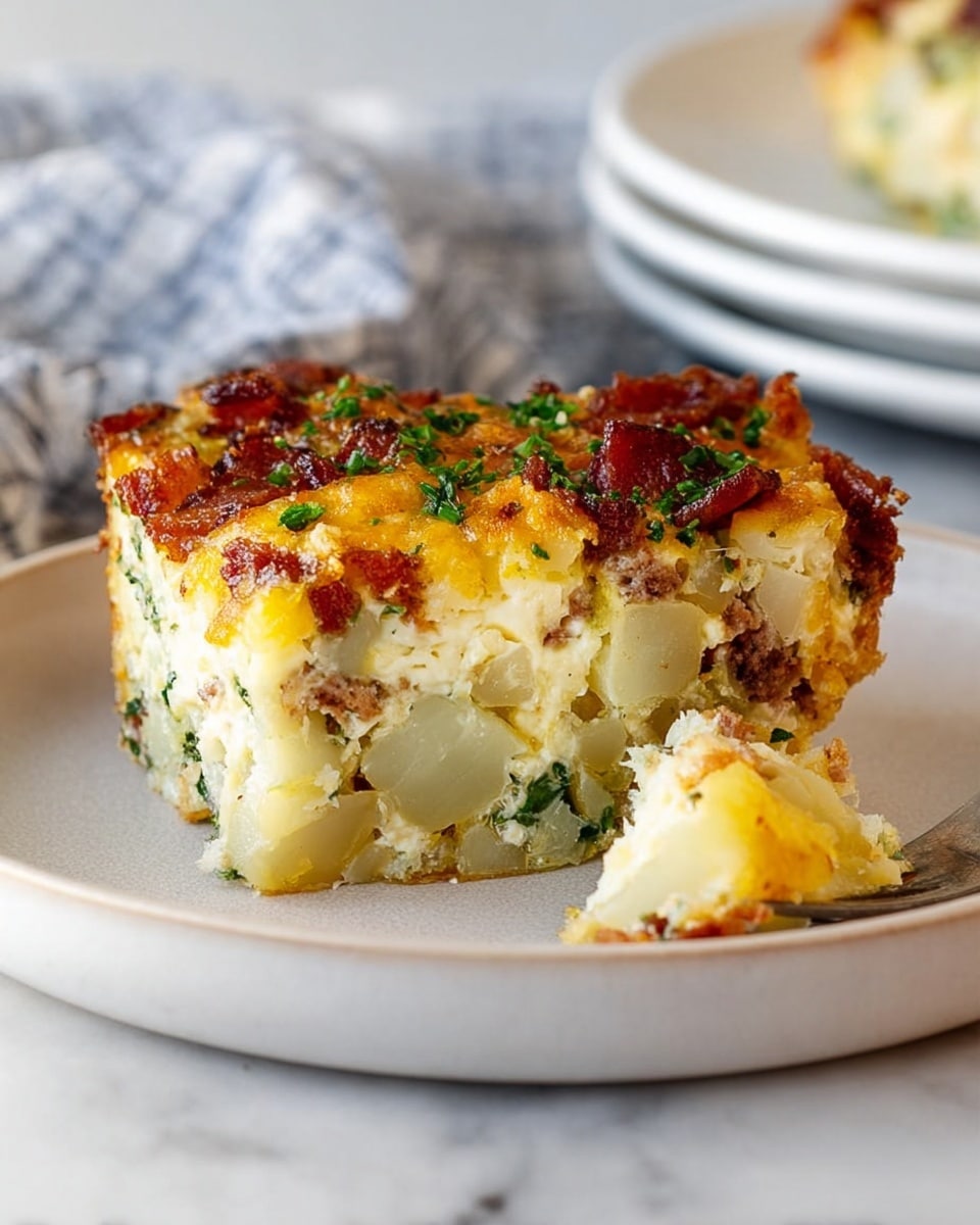 A thick slice of breakfast casserole sits on a simple white plate placed on a white marbled surface. The casserole has three visible layers: the bottom layer is soft and light yellow with chunks of pale potatoes mixed with green herbs and bits of sausage, the middle layer is creamy and pale with melted cheese blending in, and the top layer is golden brown with crispy pieces of bacon and melted cheese, garnished with small, bright green herbs. A small portion of the casserole is broken off, showing the soft inside texture clearly. A blurred white plate and a checkered cloth are in the background. Photo taken with an iphone --ar 4:5 --v 7