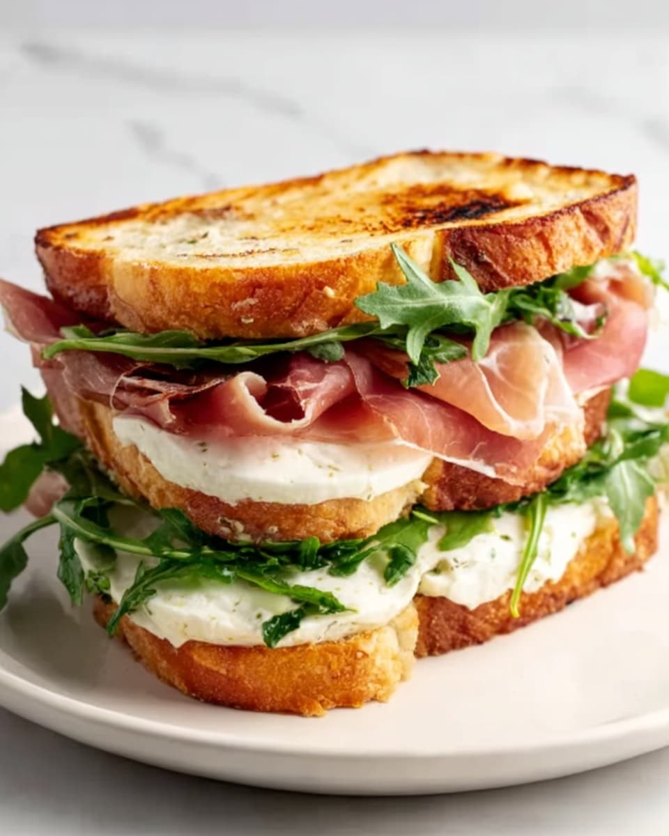 A sandwich is shown with three main layers between two crispy toasted bread slices, each slice golden brown with a crunchy texture. The bottom layer has fresh green arugula leaves, topped with thick soft white cheese slices. Above this is a middle layer of thin pinkish-red prosciutto, folded softly. More green arugula leaves sit lightly on top of the prosciutto. The top slice of bread crowns the sandwich, slightly browned and textured with grill marks. The sandwich is placed on a white plate, set on a white marbled surface. The scene looks bright and fresh, photo taken with an iphone --ar 4:5 --v 7