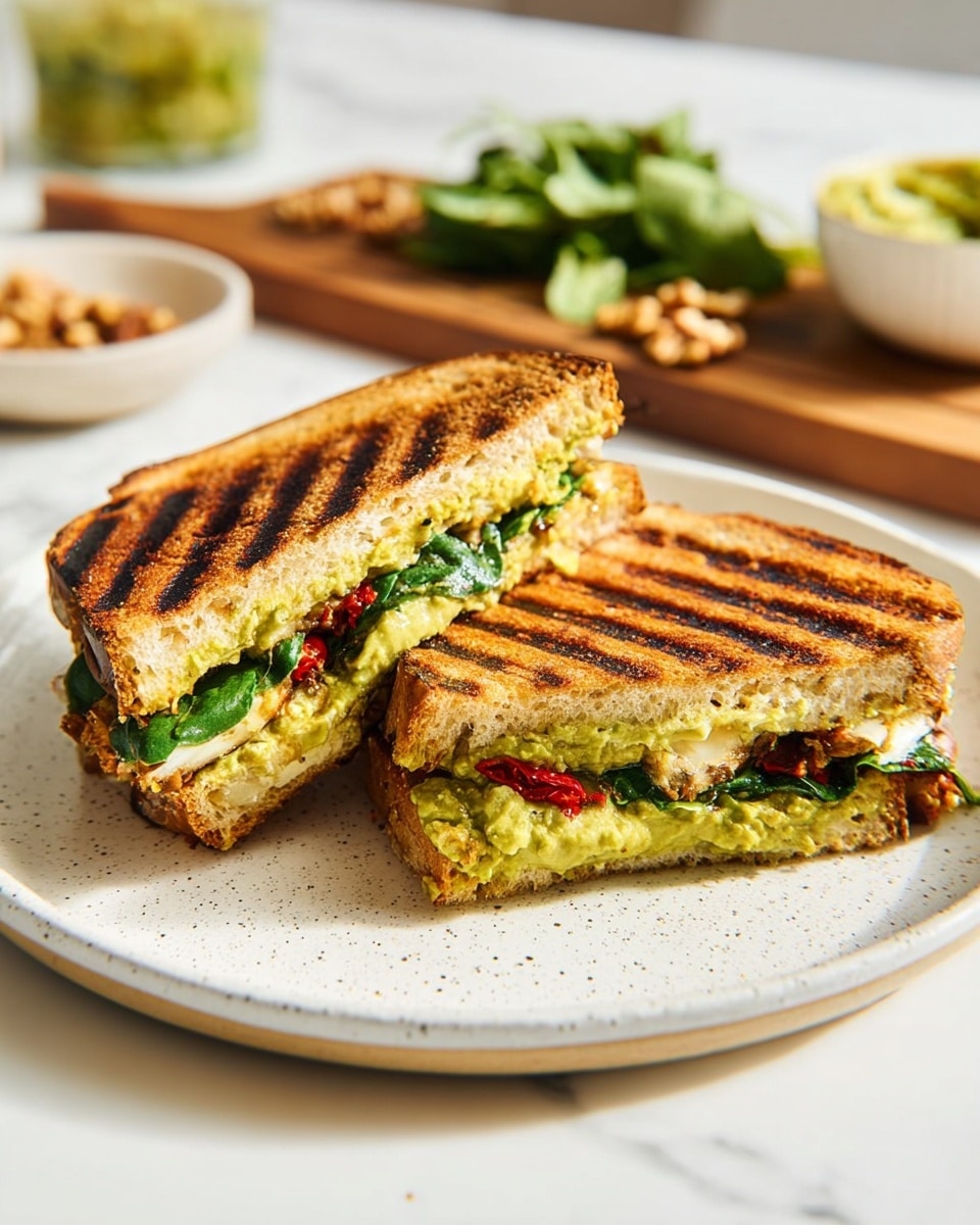A grilled sandwich cut in half, placed on a white plate with light speckles, sits on a white marbled surface. The sandwich has two thick slices of toasted bread with dark grill marks on top. Inside, there are three visible layers: a bottom layer of green leafy spinach, a middle layer of creamy yellow-green avocado spread, and a top layer of thinly sliced white cheese and red roasted peppers. The sandwich halves are slightly separated to show the filling clearly. In the blurred background, there is a bowl with green leaves, a wooden board holding a glass container of green spread and some walnuts, all on the same white marbled surface. Photo taken with an iphone --ar 4:5 --v 7