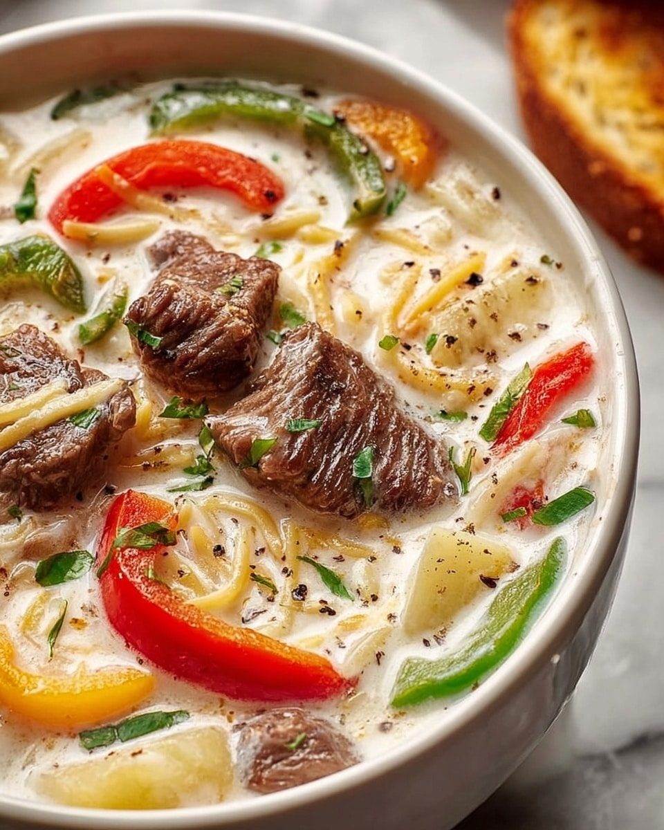 A close-up of a white bowl filled with a creamy, white soup containing several solid layers: large pieces of tender, brown beef are scattered on top, along with slices of red and green bell peppers adding vibrant color; thin, pale yellow noodle strands are mixed throughout, and there are small bits of light yellow potatoes visible. The soup surface is sprinkled lightly with black pepper and chopped green herbs. In the background, a piece of toasted bread with a golden crust rests slightly out of focus on a white marbled surface. Photo taken with an iphone --ar 4:5 --v 7