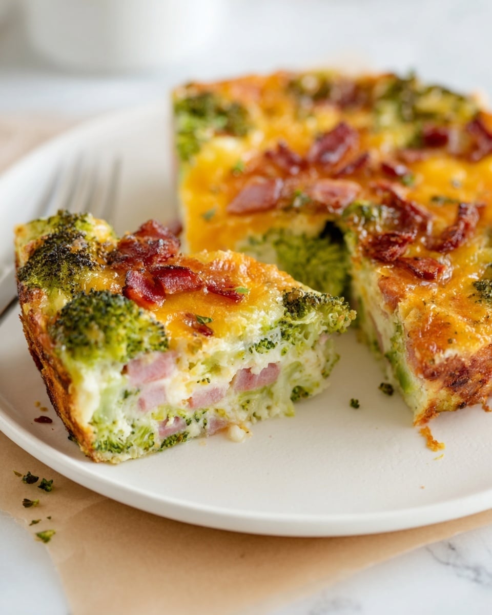 The image shows a close-up of a rectangular white baking dish filled with a savory baked casserole cut into square pieces. The casserole has a golden-orange top layer of melted cheese with scattered small pieces of bright green asparagus and bits of red ham spread evenly throughout. The texture looks soft and slightly fluffy with a light browning on the cheese. The white marbled surface below the dish adds a clean, bright background. Photo taken with an iphone --ar 4:5 --v 7