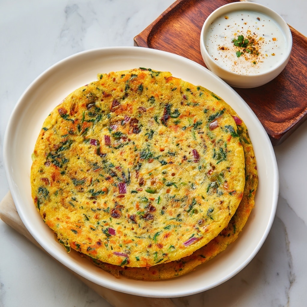 A round, thin, cooked flatbread called Palak Chilla is placed on a shiny white metal plate, showing a textured surface with small visible pieces of chopped green spinach, red tomato bits, and purple onion scattered evenly throughout the light golden yellow base. Behind the plate, there is a small white metal bowl filled with a slightly creamy off-white sauce that contains black mustard seeds and small herb pieces. The setting is on a white marbled surface. photo taken with an iphone --ar 4:5 --v 7