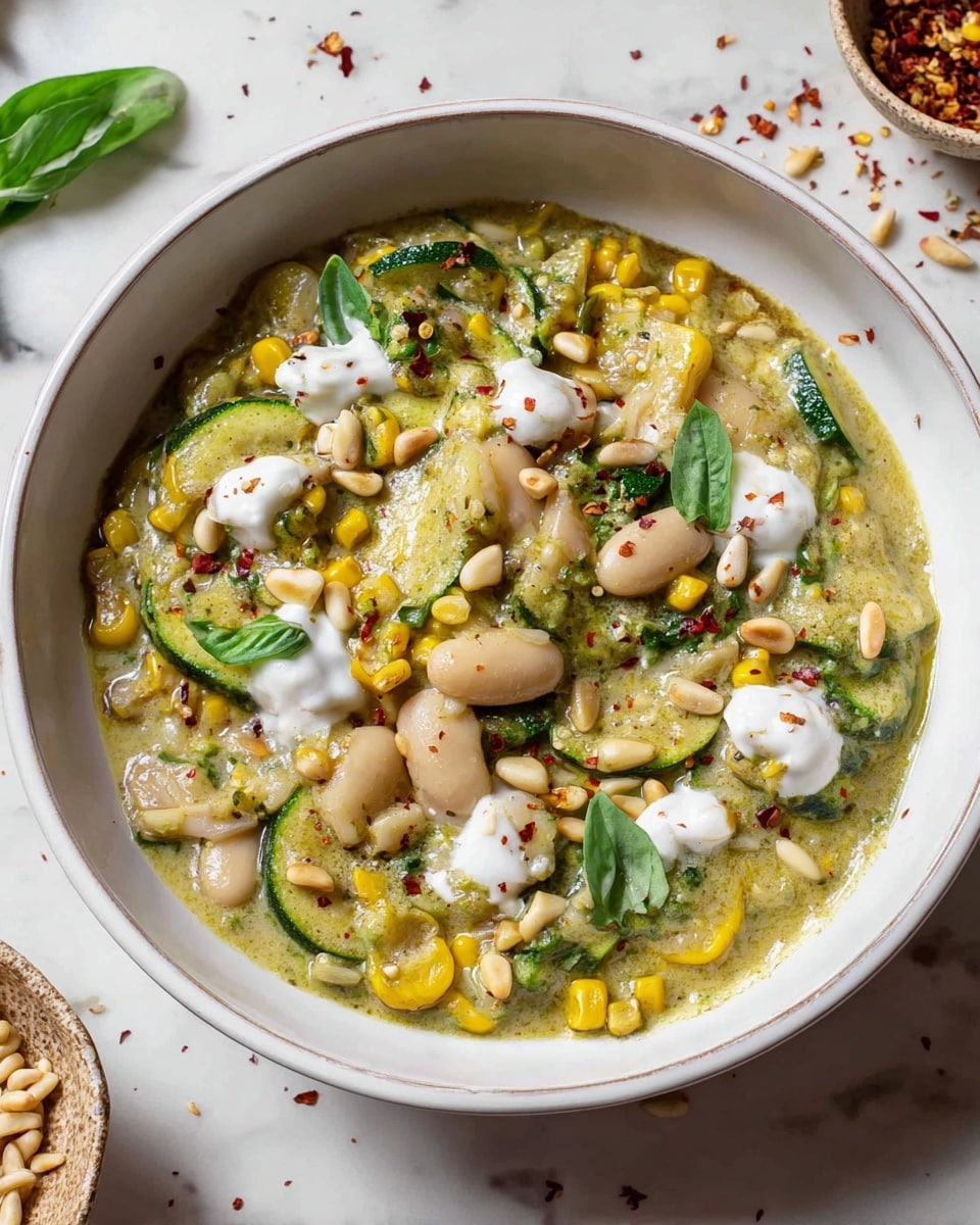 A deep white bowl filled with a thick stew containing large white beans, yellow corn kernels, and green zucchini slices mixed into a creamy green sauce. The stew is garnished with small piles of white creamy dollops, fresh green herbs, pine nuts, and a sprinkle of red chili flakes, adding contrast in color and texture. The bowl sits on a white marbled surface scattered with small bits of pine nuts and pepper flakes. Photo taken with an iphone --ar 4:5 --v 7