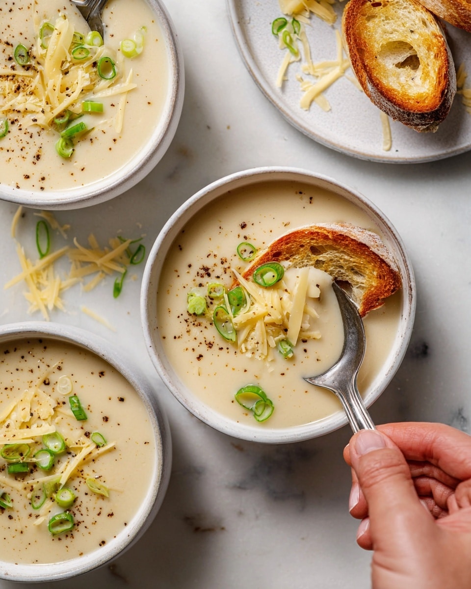 Three white ceramic bowls of creamy soup are shown on a white marbled surface. Each bowl has a smooth, light beige soup base with a soft, thick texture. The soup is topped with scattered thin green onion slices and light yellow shredded cheese, along with a sprinkle of black pepper. One bowl holds a metal spoon dipped in the soup, held by a woman's hand from the right side. Another bowl has a toasted crusty bread slice partially dipped in the soup, showing its golden brown crust and airy inside. The bowls sit on a white plate with more shredded cheese scattered around. Photo taken with an iphone --ar 4:5 --v 7