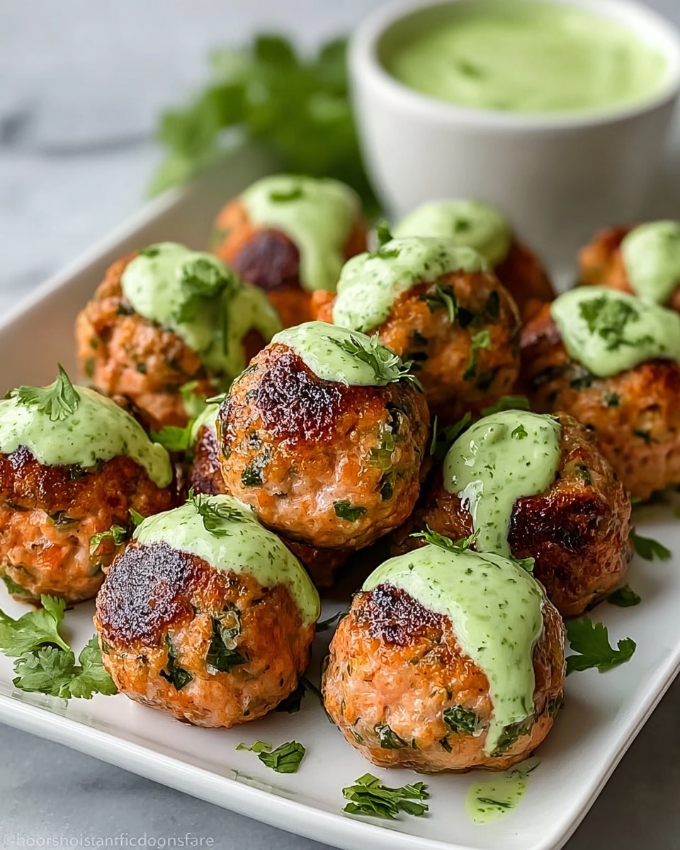 The image shows a white rectangular plate filled with round salmon meatballs, about twelve in total, each browned on the outside with small green herb pieces visible throughout the meatballs. On top of some meatballs, there is a light green sauce, creamy in texture with small green herb bits, adding a smooth layer to the rough meatballs. Fresh herb leaves are scattered around the plate for decoration. In the background, slightly out of focus, there is a white bowl filled with the same green sauce. The whole setup is placed on a white marbled surface. photo taken with an iphone --ar 4:5 --v 7