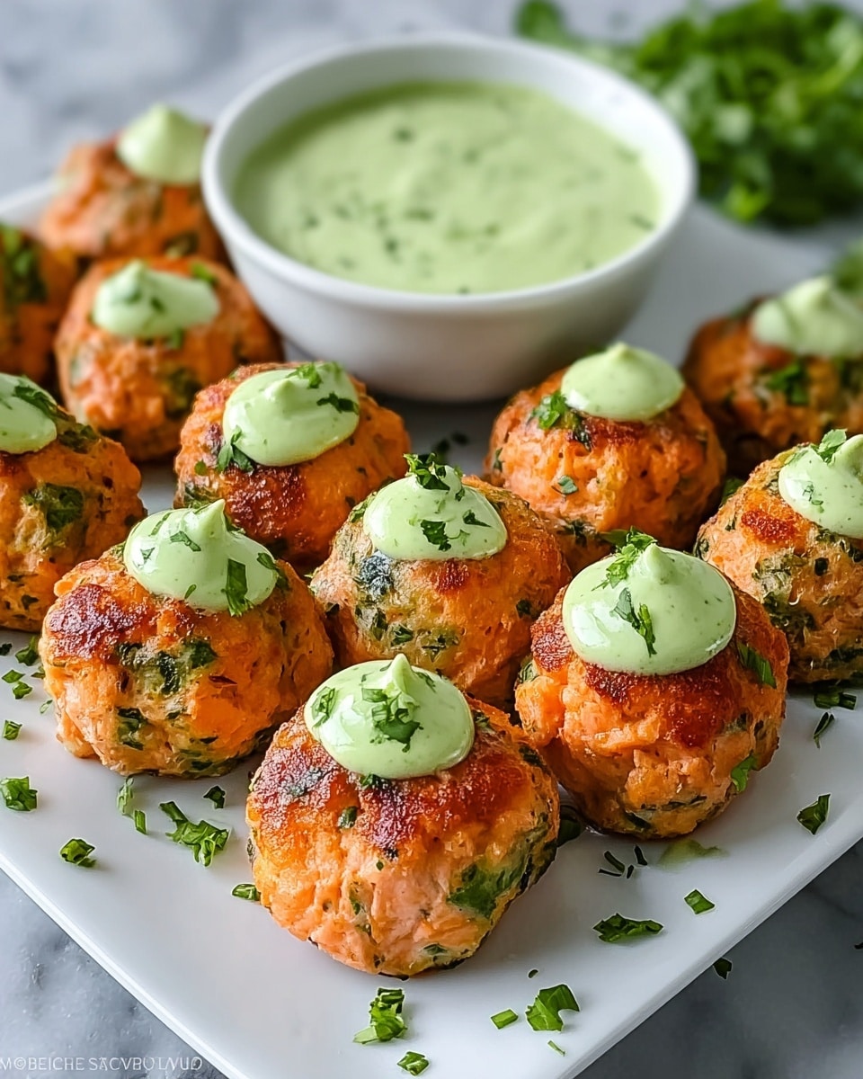 A white square plate holds about twelve golden-brown salmon balls, each mixed with visible green herbs giving a speckled green and orange look. On top of the salmon balls, there are dollops of creamy light green sauce that look smooth with tiny chopped green herbs sprinkled on it. The salmon balls have a slightly crispy outside with a soft, textured appearance of cooked salmon inside. Around the plate and on the salmon balls, there are extra fresh chopped green herbs scattered. Behind the plate, there is a white bowl filled with more of the same creamy green sauce. The plate is placed on a white marbled surface. photo taken with an iphone --ar 4:5 --v 7