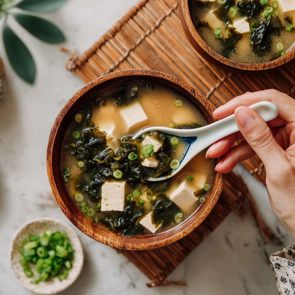 The image shows a wooden bowl filled with light beige miso soup containing large, creamy white cubes of tofu and dark green seaweed pieces floating in the broth. A white spoon with a blue inner curve rests inside the bowl, held by a woman's hand, scooping some seaweed and tofu. Behind it, there is another wooden bowl with more miso soup visible. The bowls are placed on a mat with thin, light brown lines, set on a white marbled surface. A small white dish with chopped green onions is at the bottom corner of the image. photo taken with an iphone --ar 4:5 --v 7