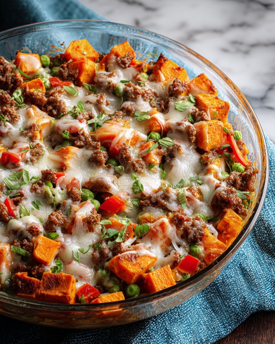 The dish is a layered casserole in a clear glass round dish, showing visible layers of diced orange sweet potatoes, browned ground meat, green peas, and small pieces of red bell pepper. The top layer is covered with melted white cheese that stretches slightly over the other ingredients, with some fresh green herbs sprinkled on top. The ingredients are mixed but still distinct, with the orange sweet potato chunks standing out among the meat crumbles and scattered vegetables, all sitting on a textured white marbled surface with a blue cloth nearby. photo taken with an iphone --ar 4:5 --v 7