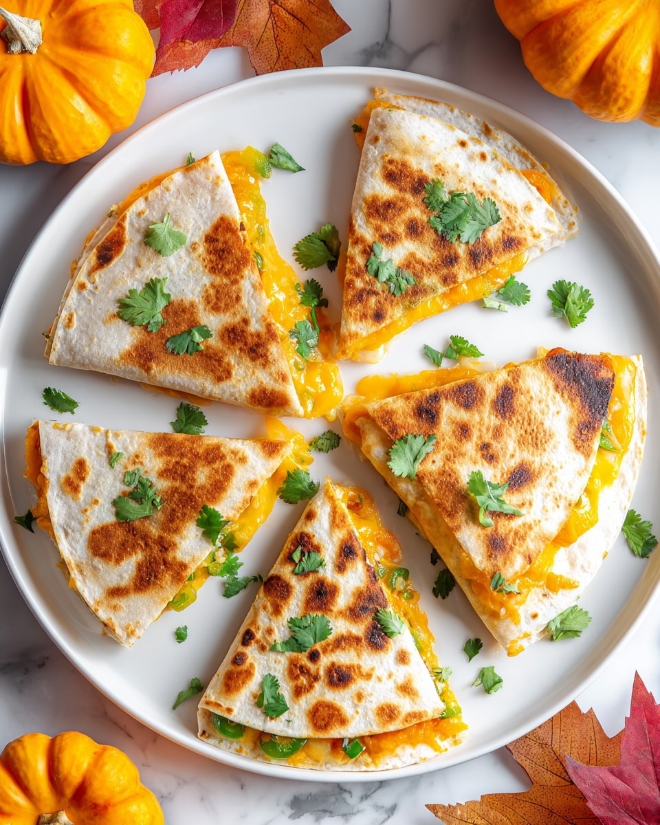 A white plate holds six folded quesadilla wedges arranged in a circle, each wedge showing one side crisply toasted to a golden brown with some darker spots. Inside each wedge, vibrant orange melted cheddar cheese layers with green pieces of jalapeno or pepper are visible. Bright green cilantro leaves are scattered on top of the quesadillas and around the plate for garnish. The plate sits on a white marbled surface with orange pumpkins and red and brown fall leaves placed nearby, adding a festive autumn feel. photo taken with an iphone --ar 4:5 --v 7