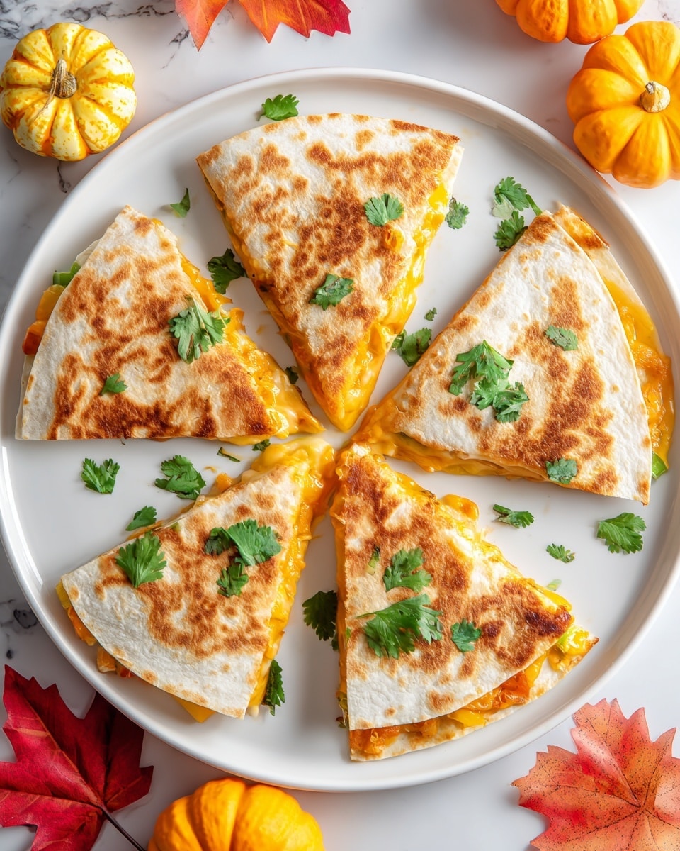A white round plate holds six triangular slices of quesadilla arranged in a circle, each slice showing a golden brown, toasted tortilla on top and bottom. Inside each slice, a bright orange melted cheese layer is visible, slightly oozing out along with bits of green peppers. Fresh green cilantro leaves are scattered on top of the quesadillas and on the plate itself. The plate is set on a white marbled surface, surrounded by small orange and yellow pumpkins and red autumn leaves, enhancing the fall theme. photo taken with an iphone --ar 4:5 --v 7