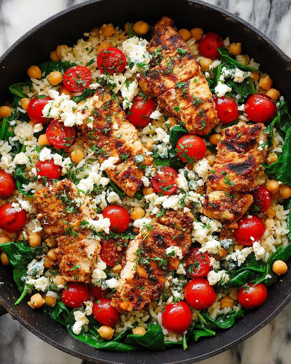 A black skillet filled with a mixed dish showing four main layers: at the bottom is a layer of cooked white rice mixed with beige chickpeas; next, bright green cooked spinach leaves spread evenly; scattered on top are small red cherry tomatoes, some halved and some whole; the top layer is several pieces of grilled chicken with a golden-brown crust, sprinkled with small white chunks of feta cheese and garnished with green fresh herbs. The skillet rests on a white marbled surface. photo taken with an iphone --ar 4:5 --v 7