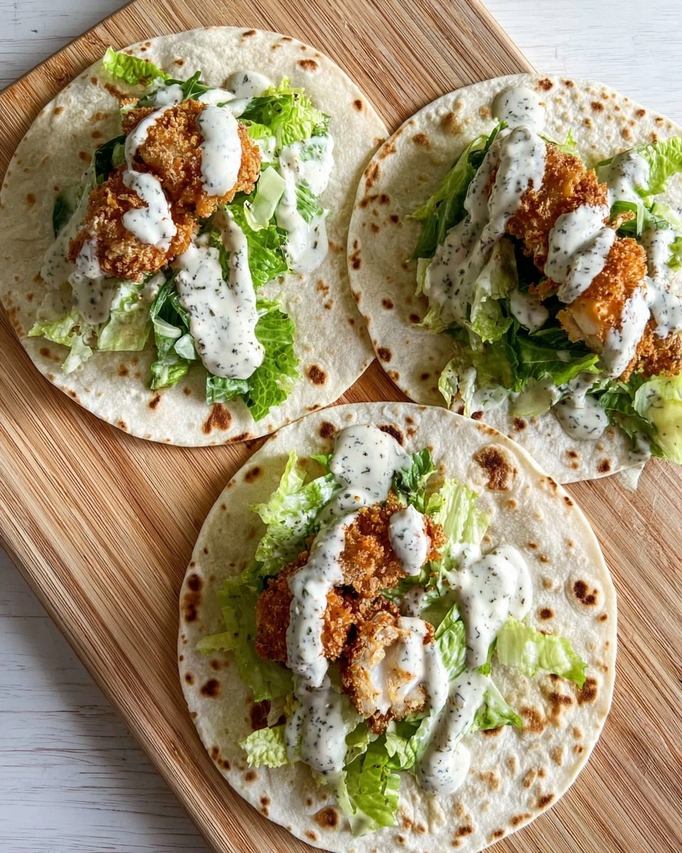 Three small flour tortillas lie flat on a wooden board. Each tortilla has a layer of chopped green lettuce, topped with a piece of golden brown, crispy fried chicken in the center. A creamy white sauce with visible black pepper specks is generously drizzled over the chicken and lettuce. The tortillas are light beige with darker brown spots evenly spread across their surfaces. The setting is simple and bright, with natural light highlighting the textures and colors. photo taken with an iphone --ar 4:5 --v 7