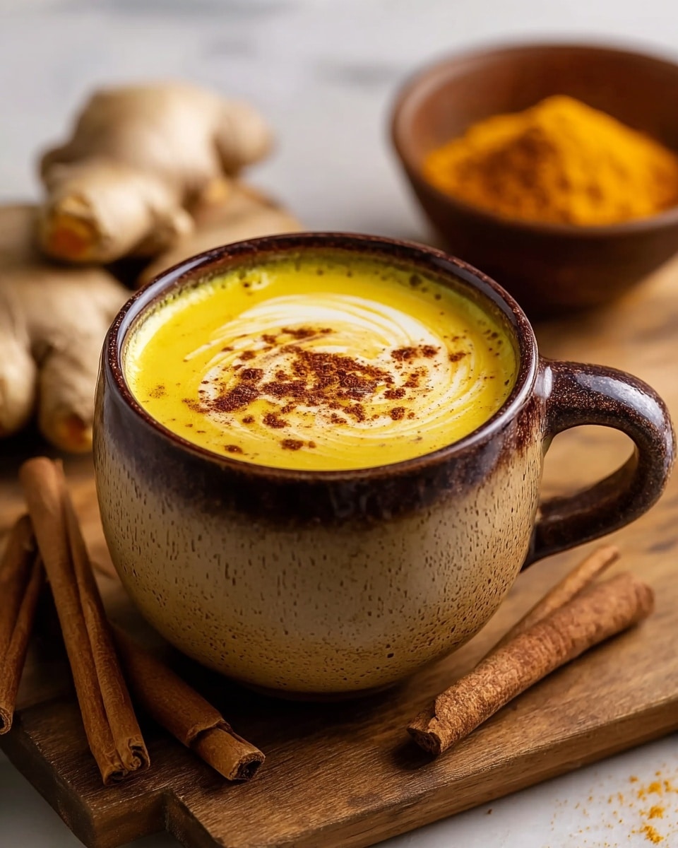 A close-up view of a brown textured mug filled with bright yellow turmeric latte, topped with a dollop of white cream and a sprinkle of brown cinnamon powder in the center; the mug is placed on a light brown wooden board with whole fresh ginger roots on the left and two cinnamon sticks on the right, with a small brown bowl filled with turmeric powder blurred in the background; all set on a white marbled surface. photo taken with an iphone --ar 4:5 --v 7