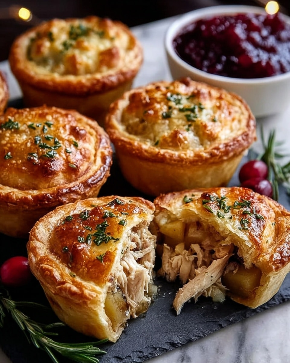 The image shows five small round pies with golden brown, crispy tops sprinkled with green herbs, arranged on a dark serving board over a white marbled surface. One pie in the front is cut open, revealing soft, chunky pieces of cooked chicken and light tan potatoes inside. To the right side, there is a white bowl full of dark red cranberry sauce made of whole berries, adding a bright contrast. Around the serving board, there are a few fresh cranberries and a sprig of green rosemary. The textures of the pie crust look flaky and crunchy, while the filling appears soft and juicy. Photo taken with an iphone --ar 4:5 --v 7