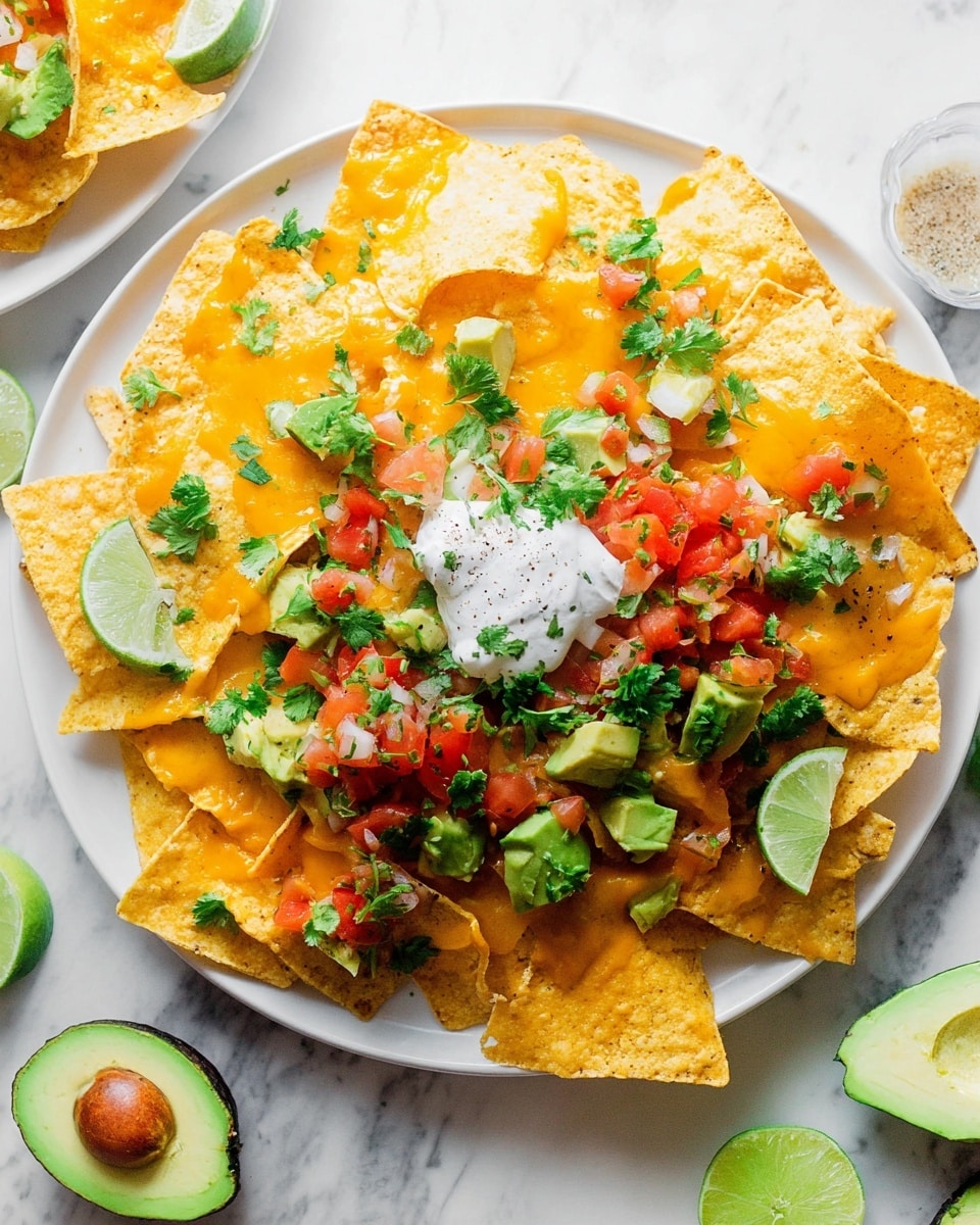 A white plate holds a pile of nachos arranged in one main layer of crispy, light yellow tortilla chips covered in melted orange cheddar cheese. On top of the chips are scattered chunks of light green avocado, sprigs of fresh bright green cilantro, spoonfuls of colorful pico de gallo made of red tomatoes, white onions, and green peppers, and a dollop of white sour cream with a sprinkle of black pepper. Lime wedges sit on the plate’s edge and around it are halves of fresh lime and an avocado on a white marbled surface. Photo taken with an iphone --ar 4:5 --v 7