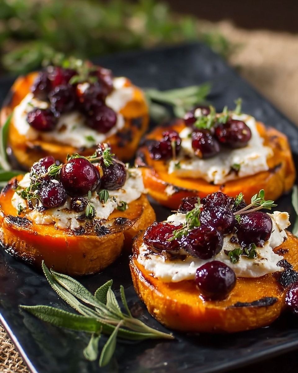 The image shows four pieces of roasted round orange sweet potato slices arranged on a dark pan, each topped with a layer of white soft cheese with a slightly browned surface, and a handful of glossy dark red cranberries scattered on top. Small fresh green herb leaves are sprinkled over the cheese and cranberry toppings, and a few sprigs of green herbs lie around the sweet potato slices on the pan. The sweet potato slices have a smooth, slightly shiny texture with a light char around edges, and the toppings add a mix of creamy and juicy textures. photo taken with an iphone --ar 4:5 --v 7