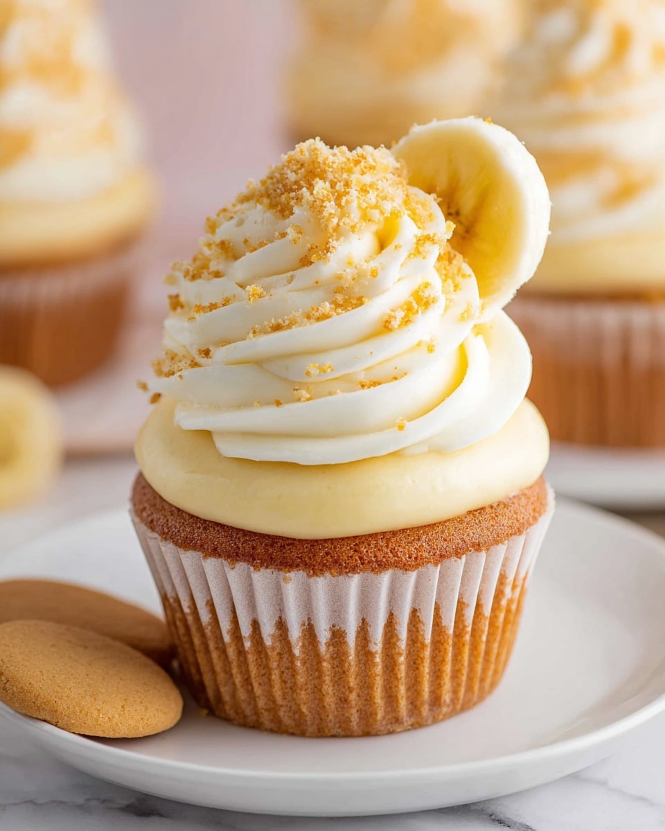 A single cupcake sits centered on a white plate with a white marbled texture in the background. The cupcake has three main layers: the bottom layer is a light brown cake wrapped in a white paper liner, the middle layer is smooth pale yellow frosting spreading evenly on top of the cake, and the top layer is a generous swirl of creamy, white frosting with a soft, fluffy texture. The top frosting is decorated with small golden crumbs and a thin round banana slice placed leaning against the swirl. To the left side of the cupcake on the plate, there is a small, round beige cookie. In the background, parts of similar cupcakes are softly blurred. Photo taken with an iphone --ar 4:5 --v 7