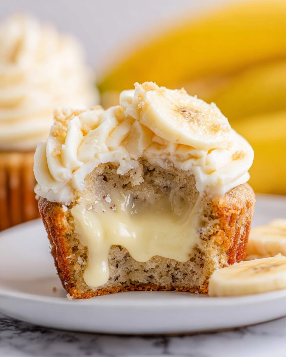 The image shows a close-up of a banana cupcake cut in half on a white plate. The cupcake has a light brown, moist, and slightly textured base with small dark banana specks. The middle layer is a smooth, thick, pale yellow custard filling flowing gently down the cupcake's sides. On top, there is a thick layer of swirled, creamy white frosting sprinkled lightly with small crumbs. A few thin slices of banana are placed on the right side of the frosting. The background includes blurred yellow bananas on a white marbled surface. Photo taken with an iphone --ar 4:5 --v 7