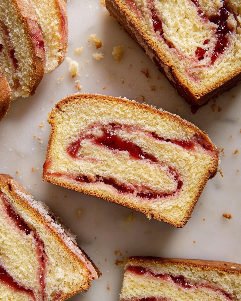 The image shows several slices of a light yellow bread with a soft, fluffy texture and a golden brown crust. Each slice features swirls of a bright red jam spread unevenly within the layers, creating a marbled effect. The jam looks slightly glossy and contrasts with the matte finish of the bread. The bread slices are placed on a white marbled surface scattered with small crumbs and sugar granules. The focus is on the layers that highlight both the bread and the jam ribbons clearly. Photo taken with an iphone --ar 4:5 --v 7