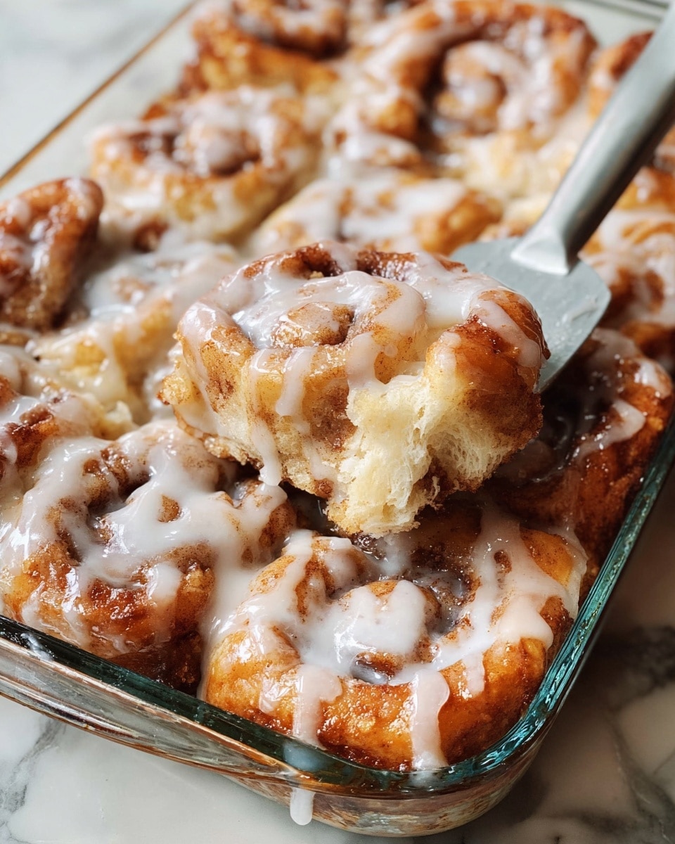 The image shows several golden-brown cinnamon rolls baked close together in a clear glass rectangular dish. The rolls form a tight cluster of soft, swirled layers with a warm brown crust from baking. They are generously drizzled with white glaze that pools slightly down the sides of the rolls, creating a shiny, sticky texture on top. A metal spatula lifts one roll from the dish, revealing its soft, fluffy interior with layers visible. The dish sits on a white marbled surface, enhancing the warm colors of the cinnamon rolls. photo taken with an iphone --ar 4:5 --v 7