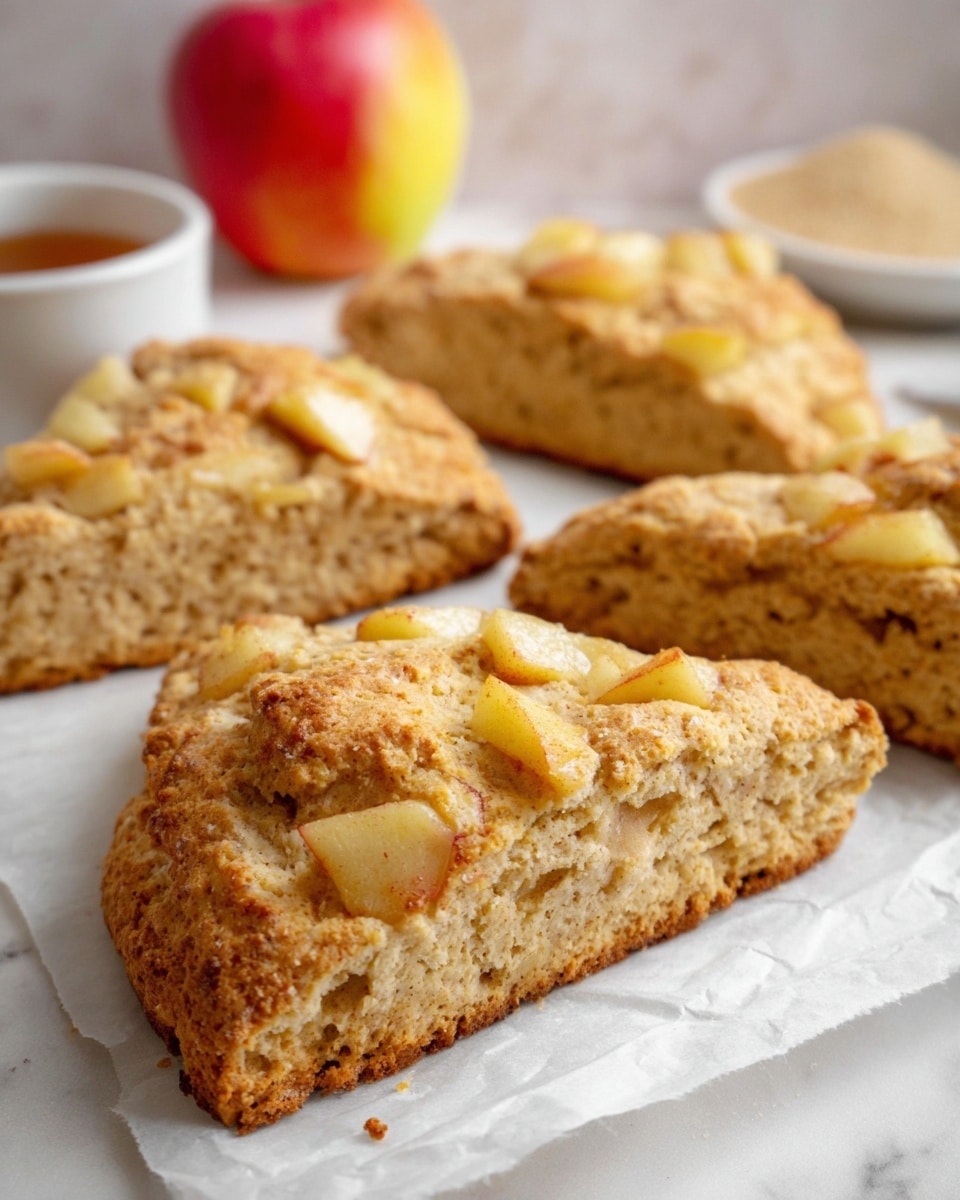 The image shows several golden brown scones with a rough texture, each scone cut into triangular shapes. The scones have small pieces of pale yellow apple embedded on the top and inside, giving them a chunky look. The edges of the scones are slightly darker and crispier. They are placed on crinkled white parchment paper on top of a white marbled surface. In the background, there is a blurred red and yellow apple and a white bowl with light brown sugar. The lighting is soft, highlighting the scones’ crumbly texture. photo taken with an iphone --ar 4:5 --v 7