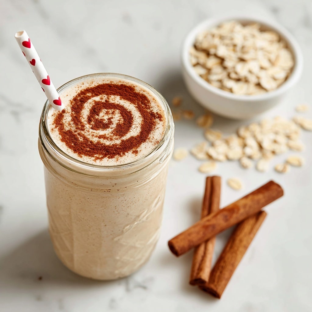 A creamy light tan smoothie is served in a clear glass jar, topped with a swirl of cinnamon powder creating a soft brown spiral pattern on the surface. A white straw with red hearts is placed in the jar, leaning slightly to the right. In the background, two cinnamon sticks lie parallel on a white marbled texture, next to a small white bowl filled with oatmeal flakes spilling slightly onto the surface. The scene is bright and clean, focusing closely on the smoothie jar. photo taken with an iphone --ar 4:5 --v 7