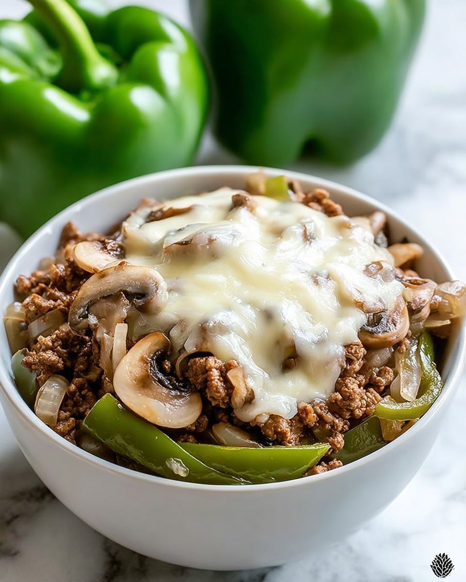 A white bowl filled with three layers: the bottom layer has cooked green bell pepper pieces and translucent cooked onion chunks, the middle layer is browned ground beef mixed with sautéed sliced mushrooms, and the top layer is melted creamy white cheese softly covering the ground beef and mushrooms. The bowl sits on a white marbled surface with two green bell peppers blurred in the background. photo taken with an iphone --ar 4:5 --v 7
