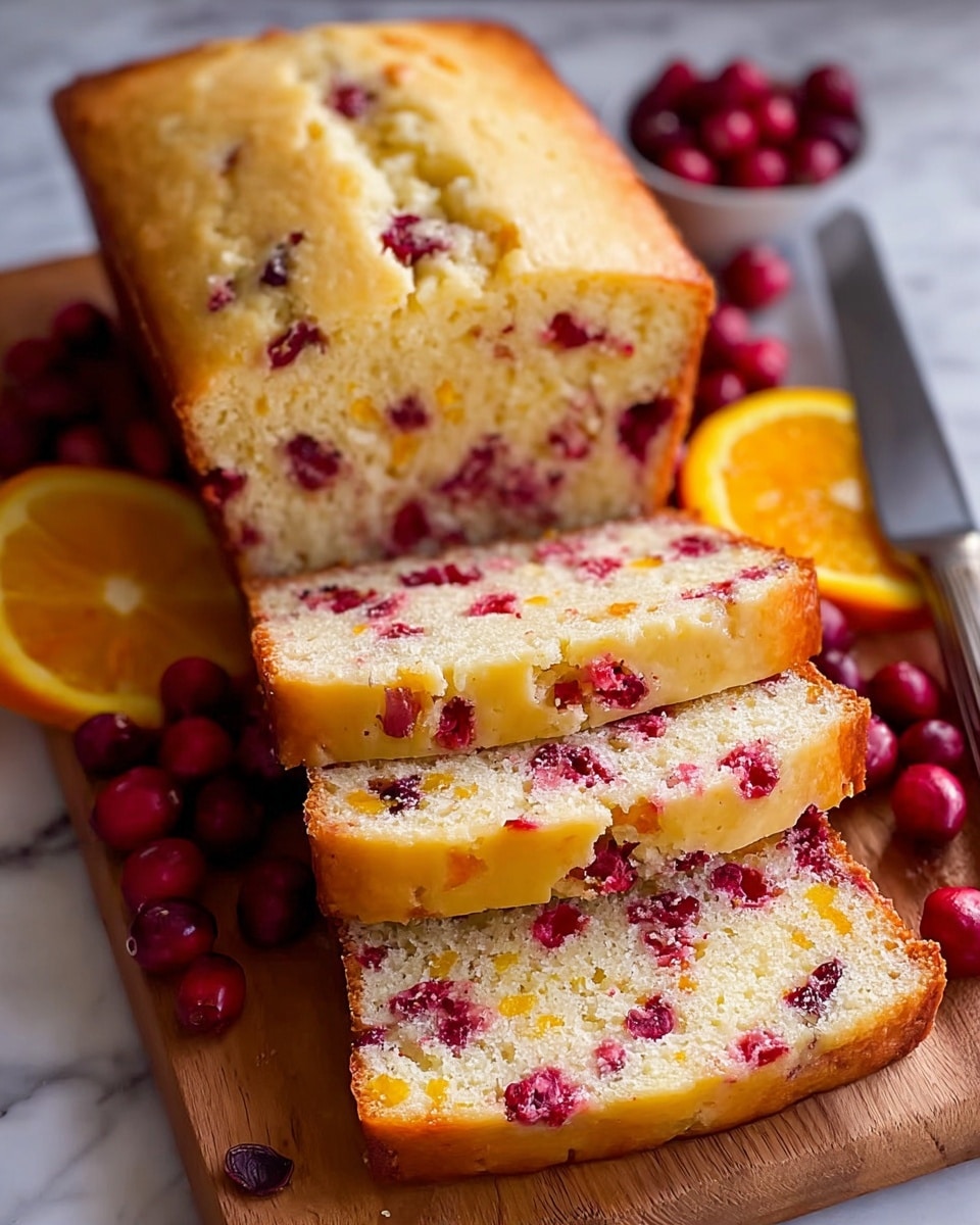 A loaf-shaped cake with three thick slices cut and stacked evenly in front, showing a moist, light yellow crumb dotted with bright red cranberries and small yellow bits inside, likely orange zest. The top crust is a pale golden brown with some visible cracks, and the texture looks soft and tender. Fresh red cranberries and orange slices are scattered casually around the base on a wooden board. A silver knife lies next to the cake, resting on the right side. The whole scene is set on a white marbled surface photo taken with an iphone --ar 4:5 --v 7