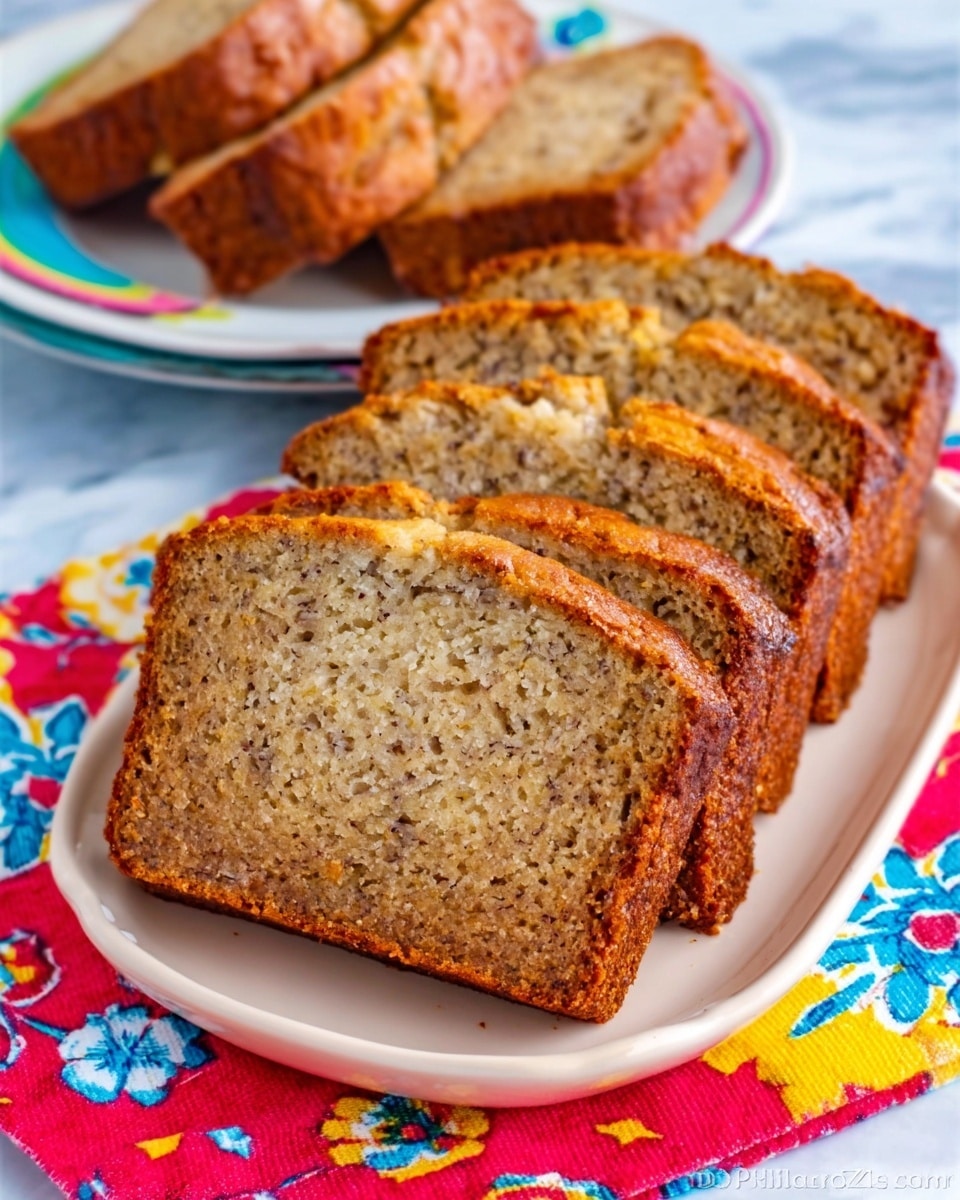 The image shows a loaf of banana bread sliced into several thick pieces. The bread has a golden-brown crust with a soft, light brown inside that has small dark specks throughout, indicating mashed bananas. The slices rest on a white plate placed on a colorful cloth with red, yellow, and blue floral patterns. In the background, there is a white plate with more banana bread slices, all set on a white marbled surface. The photo taken with an iphone --ar 4:5 --v 7