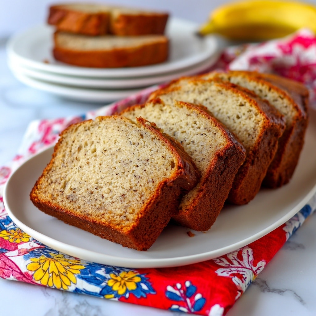 The image shows four slices of brown, grainy bread with small dark seeds, arranged in a slight fanned shape on a gray board. Behind the slices is a full loaf of the same bread with a rough, crackled top crust. To the left of the bread, there is a small white bowl filled with light yellow spread and a wooden butter knife resting inside. A white and blue striped cloth is placed near the bowl. The surface under everything has a white marbled texture. photo taken with an iphone --ar 4:5 --v 7