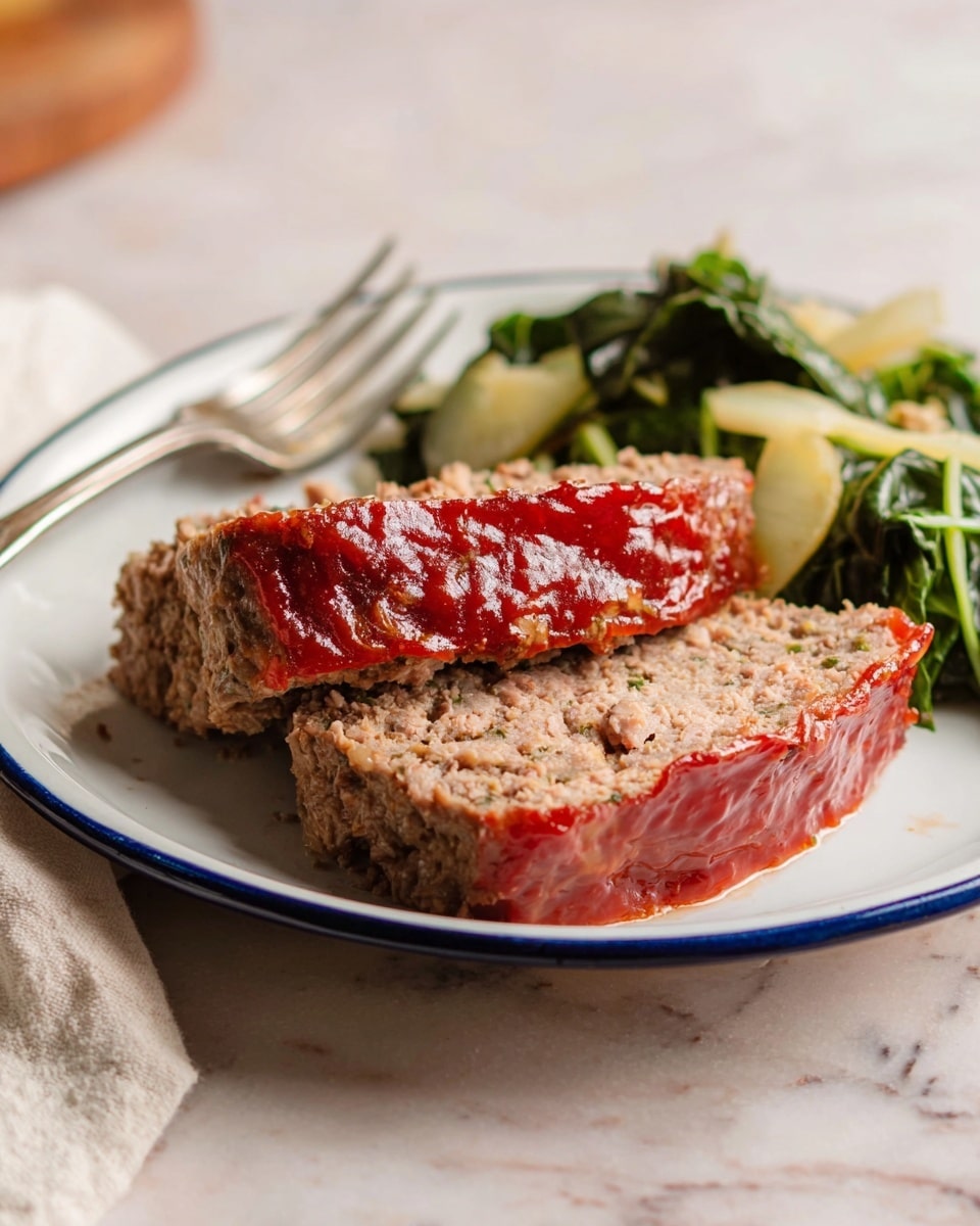 The image shows a white plate with a blue rim holding two thick slices of meatloaf stacked slightly on each other, with the bottom slice lying flat and the top slice resting at an angle. The meatloaf has a textured, light brown inside and a shiny, rich red glaze covering the outside edges. To the right side of the plate, there is a small serving of cooked leafy greens mixed with pale yellow vegetable pieces. A silver fork is placed on the plate, partially behind the greens. The plate is set on a white marbled surface with a soft, neutral background. photo taken with an iphone --ar 4:5 --v 7