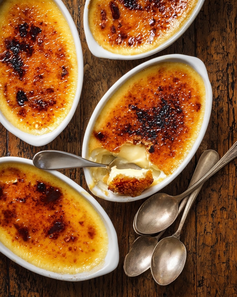 The image shows four white oval dishes of crème brûlée with a shiny, caramelized golden-brown sugar crust on top, some spots darker from being torched. One dish has a silver spoon resting inside with a broken piece of the crisp sugar layer and creamy pale yellow custard beneath. The dishes are placed closely on a rustic brown wooden table, with two more silver spoons scattered near the bottom right. The thick, smooth custard layer contrasts with the crunchy top layer clearly. photo taken with an iphone --ar 4:5 --v 7