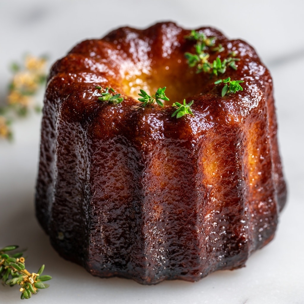 A single French canelé sits alone on a smooth white marbled surface, shaped like a small ridged cylinder with scalloped edges. Its dark brown caramelized outer layer glistens with a sticky, glossy texture, while the center has a lighter golden brown color that looks soft and cakey. The canelé has two clear layers: the rich, shiny crispy crust on the outside and the tender, moist inside visible on top. Small sprigs of green herbs and hints of delicate golden decor are softly blurred in the background. Photo taken with an iphone --ar 4:5 --v 7