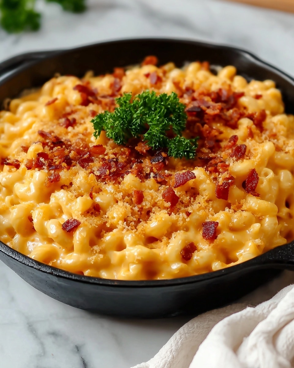 The image shows a black cast iron skillet filled with creamy mac and cheese, with elbow macaroni covered in a rich, smooth, yellow-orange cheese sauce forming the base layer. On top of the macaroni and cheese, there is a generous sprinkling of small, crispy, reddish-brown bacon pieces adding texture and color contrast. In the center, a small bunch of fresh green parsley sits as a garnish, providing a pop of vibrant green color. The skillet is placed on a white marbled surface, with a soft white cloth partially visible on the right side. Photo taken with an iphone --ar 4:5 --v 7