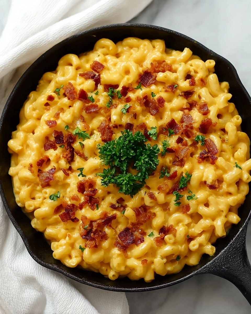 A black skillet filled with creamy, bright yellow mac and cheese made with elbow macaroni, topped with crispy, small pieces of golden-brown bacon scattered across the surface. In the center, there is a small bunch of fresh green parsley leaves. The skillet is placed on a white marbled texture, with a white cloth partially visible on the side. Photo taken with an iphone --ar 4:5 --v 7