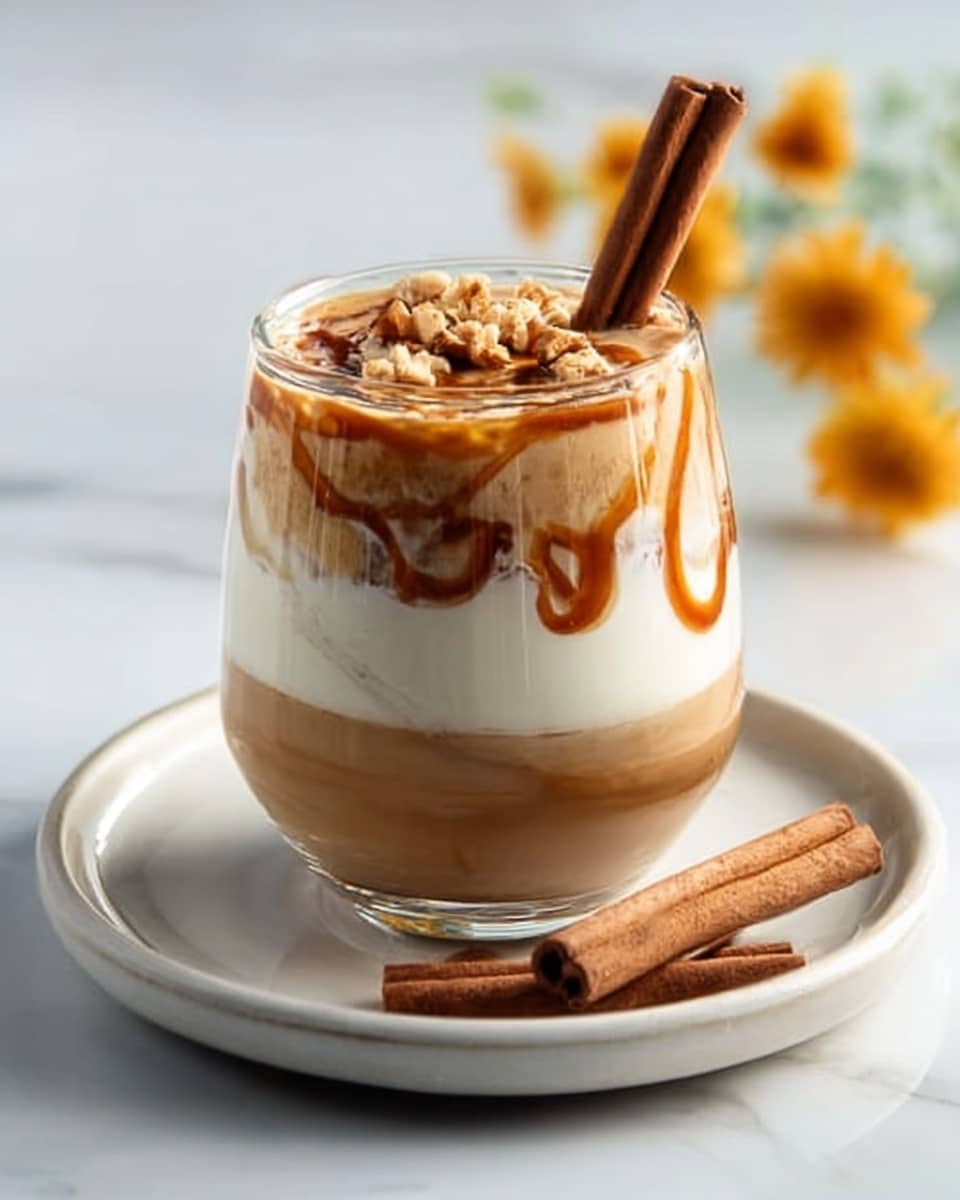 A clear glass cup filled with creamy caramel-colored drink showing swirls of darker caramel sauce along the inside walls. The top is covered with a thick layer of whipped cream sprinkled with cocoa powder and two cinnamon sticks are placed upright in the cream. The glass is set on a round white plate on a white marbled surface, with several fresh blueberries scattered around the plate. Photo taken with an iphone --ar 4:5 --v 7