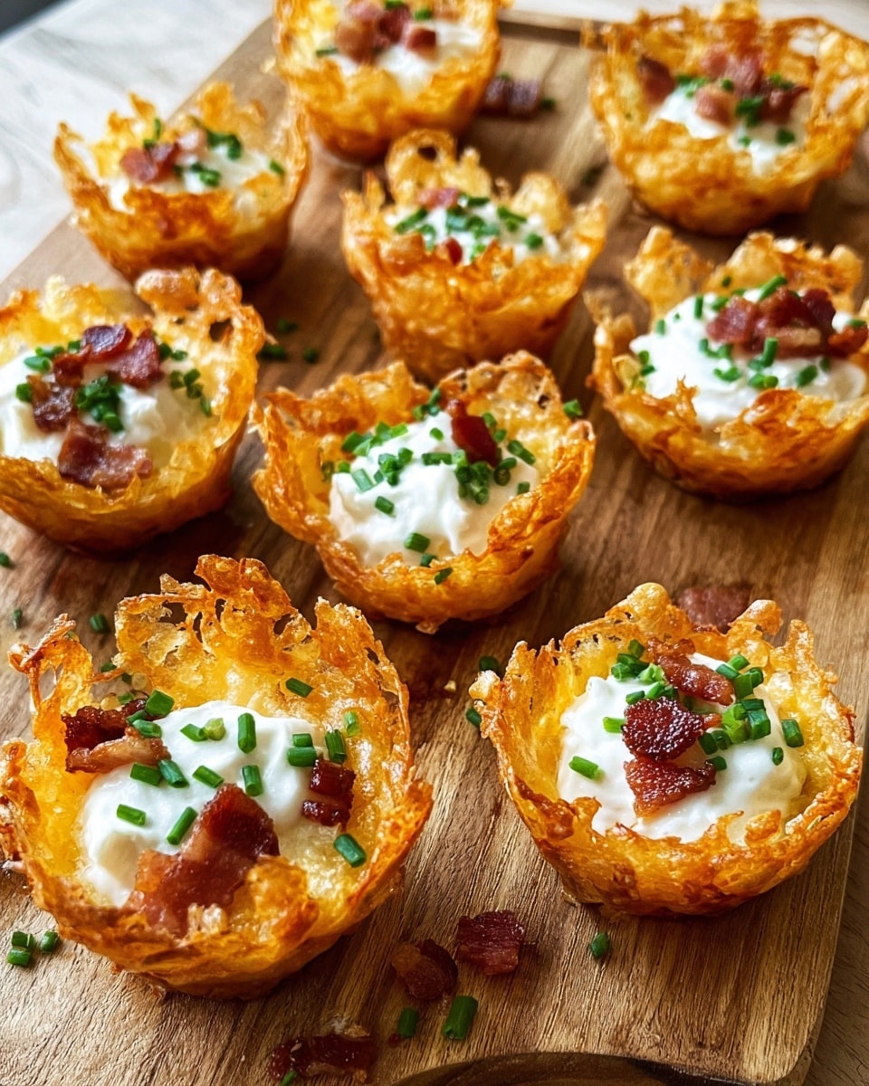 The image shows several crispy golden cheese cups arranged in rows on a wooden board. Each cup has a crunchy, lacy texture and is filled with a smooth white cream topped with small bits of crispy bacon and green chopped chives. The cheese cups have uneven, wavy edges that curl outward, creating a bowl shape. Scattered small pieces of bacon and chives are sprinkled around the board, adding a touch of color and detail. The overall look is warm and inviting, with a focus on the texture contrast between the crispy cups and creamy filling. photo taken with an iphone --ar 4:5 --v 7