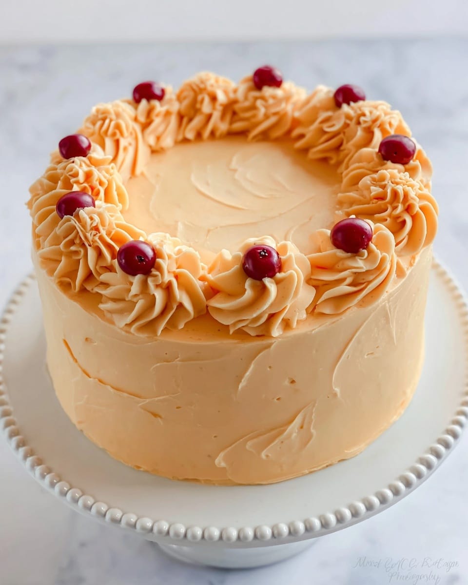 A round cake with smooth, pale orange frosting covering all sides, topped with a ring of swirled, piped frosting in the same pale orange color around the edge. Eight small, shiny red berries are evenly spaced on top, each nestled in the swirled frosting. The center top of the cake shows a smooth, slightly textured finish with some visible swirls from spreading. The cake sits on a white plate with a beaded edge, placed on a white marbled surface. photo taken with an iphone --ar 4:5 --v 7