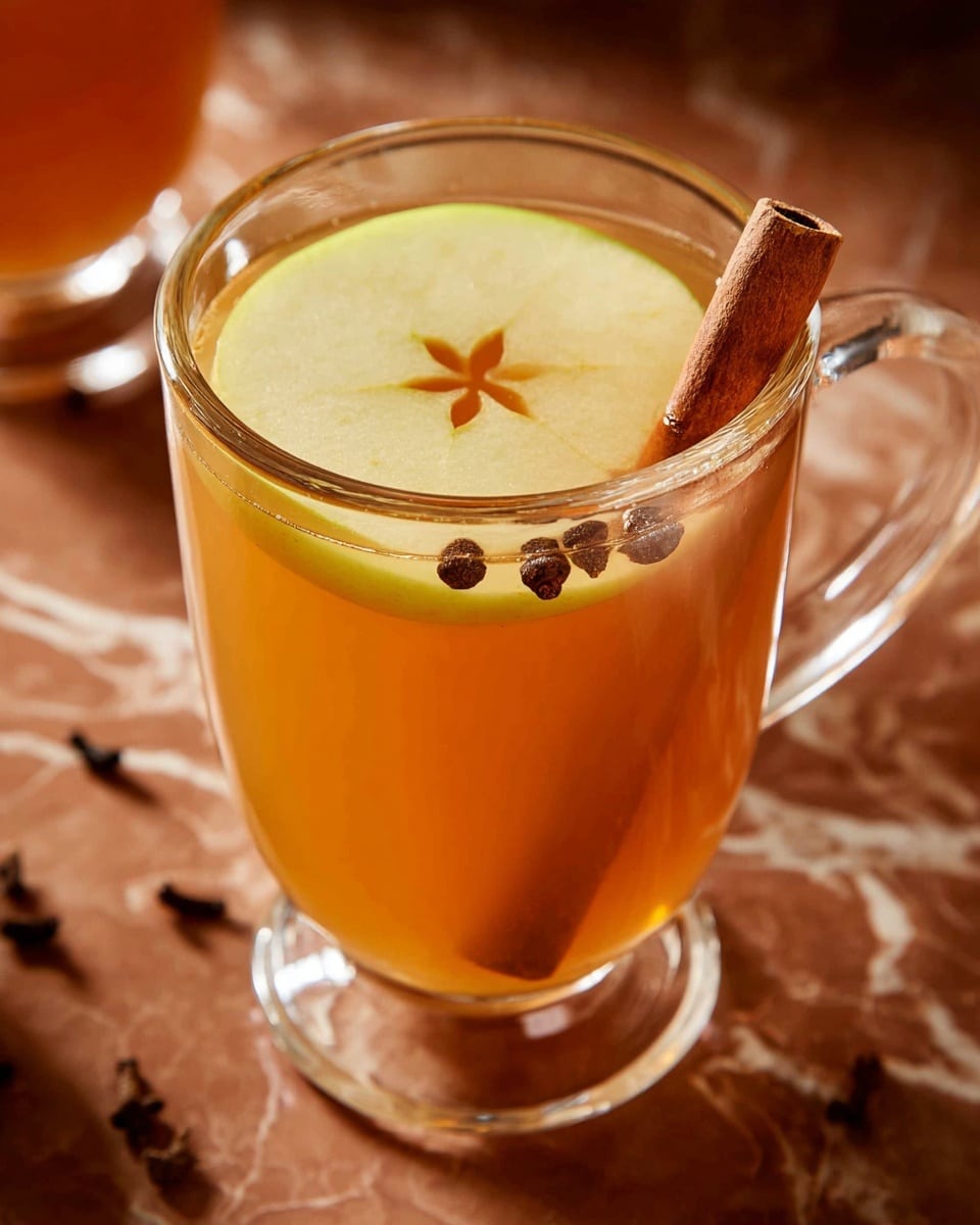 The image shows a clear glass mug filled with warm apple cider, which is light orange-brown in color. Inside the mug, floating on the top, is a thin, round slice of light yellow-green apple with a star-shaped core in the center. Also inside the cider are dark brown whole cloves scattered, and a cinnamon stick standing upright along the side of the mug. The glass has a sleek handle on the right side, and the mug sits on a warm brown surface with scattered cloves and cinnamon sticks around it, replaced with a white marbled texture. The light reflects warmly through the glass, emphasizing the cozy autumn drink. photo taken with an iphone --ar 4:5 --v 7