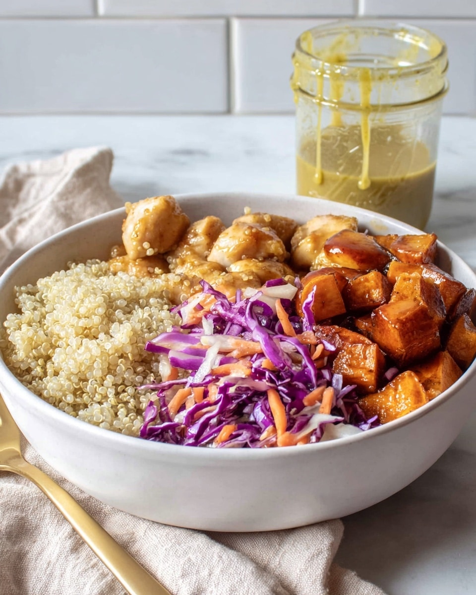 A bowl of food with four sections visible: the top left holds a light yellow quinoa with a smooth yellow sauce drizzled over it; the top right has golden brown grilled chicken pieces with some sauce on top, sitting on roasted orange sweet potato cubes; the bottom left contains a colorful mix of shredded purple cabbage and thin carrot sticks dressed lightly in a creamy white sauce; the bowl is white and set on a white marbled surface with a gold fork placed nearby, and a glass jar with yellow sauce slightly blurred in the top right corner. Photo taken with an iphone --ar 4:5 --v 7